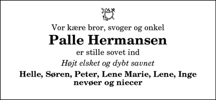 Dødsannoncen for Palle Hermansen - Horne