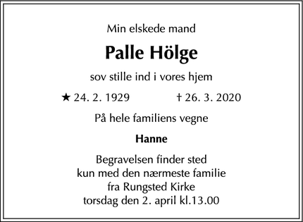 Dødsannoncen for Palle Hölge - Rungsted