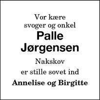 Dødsannoncen for Palle
Jørgensen - Nykøbing F