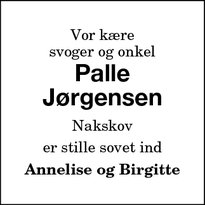 Dødsannoncen for Palle
Jørgensen - Nykøbing F