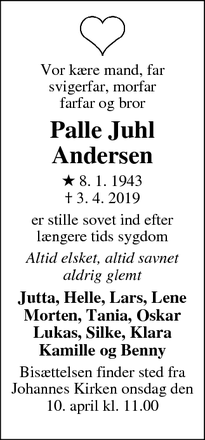 Dødsannoncen for Palle Juhl Andersen - Greve