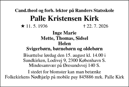 Dødsannoncen for Palle Kristensen Kirk - København