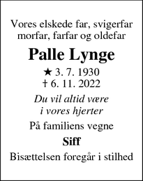 Dødsannoncen for Palle Lynge - Herlufmagle
