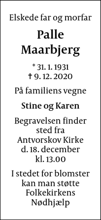 Dødsannoncen for Palle
Maarbjerg - Frederiksberg C.