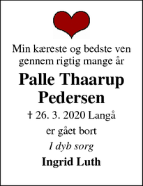 Dødsannoncen for Palle Thaarup Pedersen - Langå