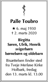 Dødsannoncen for Palle Toubro - Gentofte
