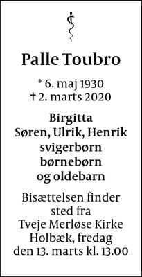 Dødsannoncen for Palle Toubro - Gentofte