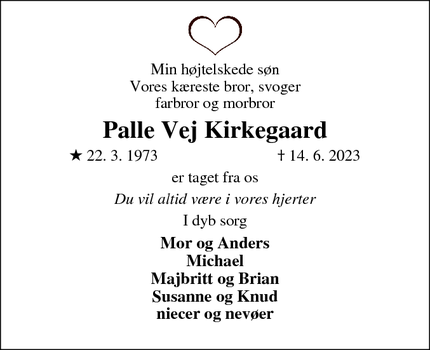 Dødsannoncen for Palle Vej Kirkegaard - Lem St