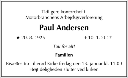 Dødsannoncen for Paul Andersen - Lillerød