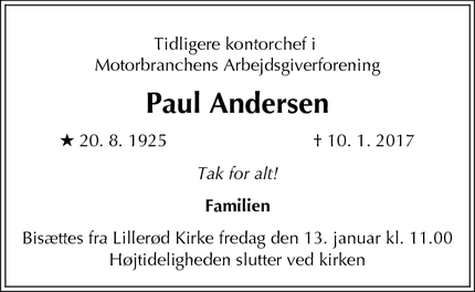 Dødsannoncen for Paul Andersen - Lillerød