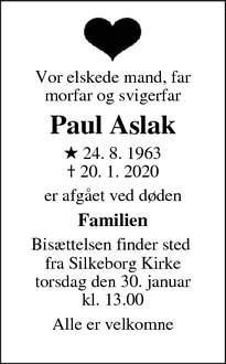 Dødsannoncen for Paul Aslak - Silkeborg