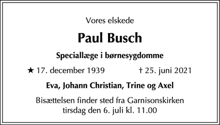 Dødsannoncen for Paul Busch - København V.