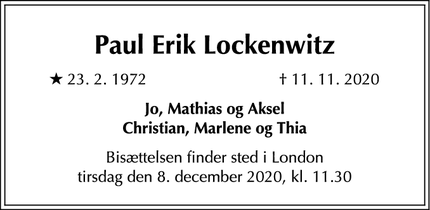 Dødsannoncen for Paul Erik Lockenwitz - Allerød