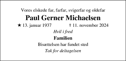 Dødsannoncen for Paul Gerner Michaelsen - Haselv