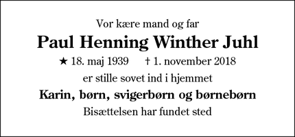 Dødsannoncen for Paul Henning Winther Juhl - Christiansfeld