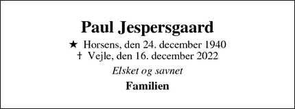 Dødsannoncen for Paul Jespersgaard - Vejle