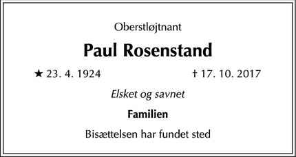 Dødsannoncen for Paul Rosenstand - Birkerød, Danmark