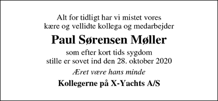 Dødsannoncen for Paul Sørensen Møller - Haderslev
