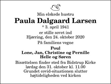 Dødsannoncen for Paula Dalgaard Larsen - Hjørring
