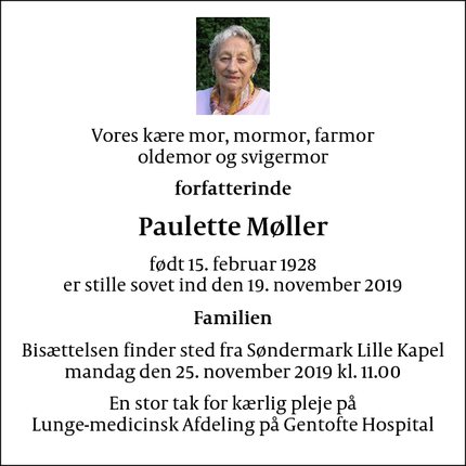 Dødsannoncen for Paulette Møller - Gentofte