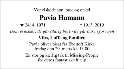Dødsannoncen for Pavia Hamann - 8400 Ebeltoft