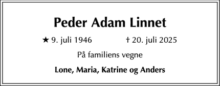 Dødsannoncen for Peder Adam Linnet - Lejre