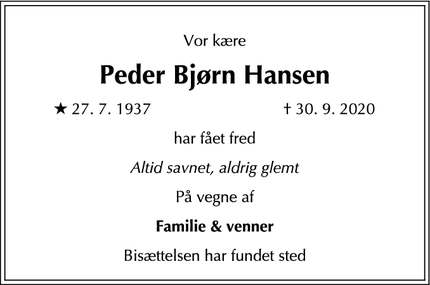 Dødsannoncen for Peder Bjørn Hansen  - Lillerød