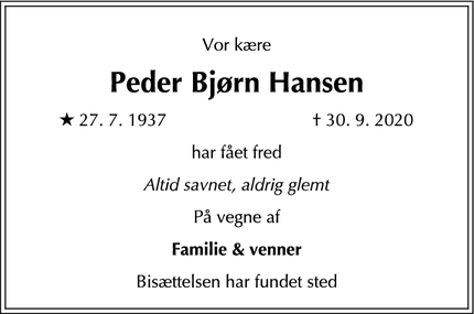 Dødsannoncen for Peder Bjørn Hansen  - Lillerød