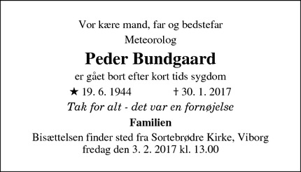 Dødsannoncen for Peder Bundgaard - Viborg