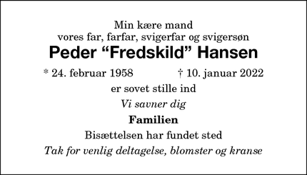 Dødsannoncen for Peder “Fredskild” Hansen - Gedser