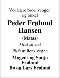 Dødsannoncen for Peder Frølund Hansen - Struer