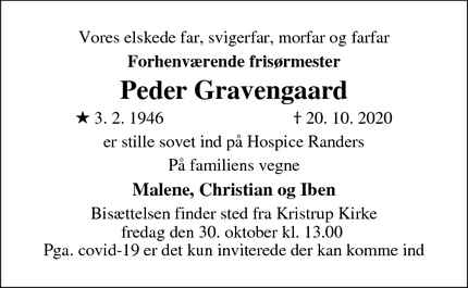 Dødsannoncen for Peder Gravengaard - Randers sø
