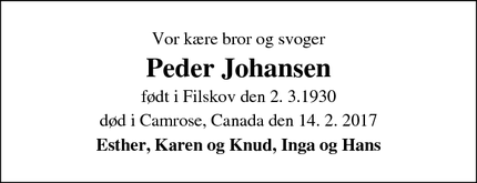 Dødsannoncen for Peder Johansen - Camrose, Canada