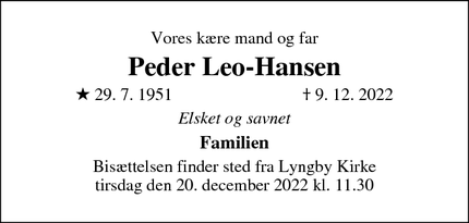 Dødsannoncen for Peder Leo-Hansen - Kgs. Lyngby