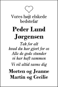Dødsannoncen for Peder Lund
Jørgensen - Sunds