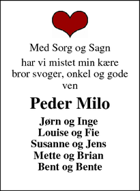 Dødsannoncen for Peder Milo - Horsens