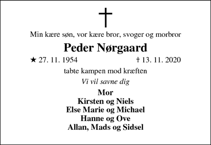 Dødsannoncen for Peder Nørgaard - Staby 6990 Ulfborg.