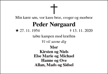 Dødsannoncen for Peder Nørgaard - Staby 6990 Ulfborg.