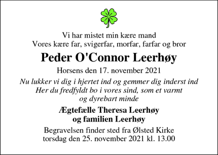 Dødsannoncen for Peder O'Connor Leerhøy - Horsens