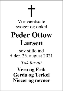 Dødsannoncen for Peder Ottow
Larsen - Skjern