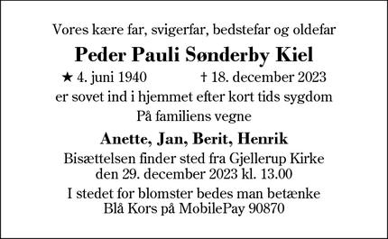 Dødsannoncen for Peder Pauli Sønderby Kiel - Sunds v. Herning