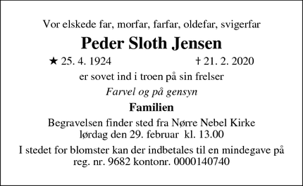 Dødsannoncen for Peder Sloth Jensen - nørre nebel