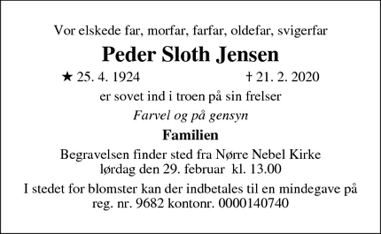 Dødsannoncen for Peder Sloth Jensen - nørre nebel
