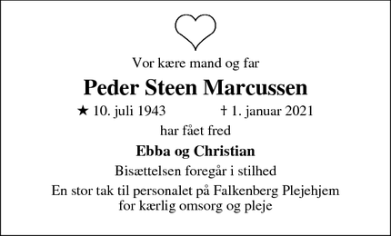 Dødsannoncen for Peder Steen Marcussen - Ålsgårde