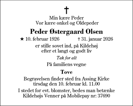 Dødsannoncen for Peder &Oslash;stergaard Olsen - 7480 Vildbjerg