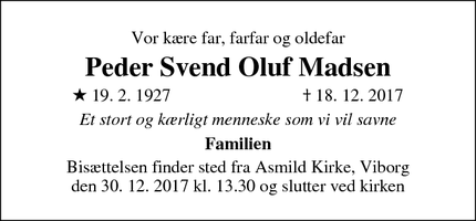 Dødsannoncen for Peder Svend Oluf Madsen - Vejle 