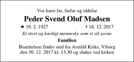 Dødsannoncen for Peder Svend Oluf Madsen - Vejle 