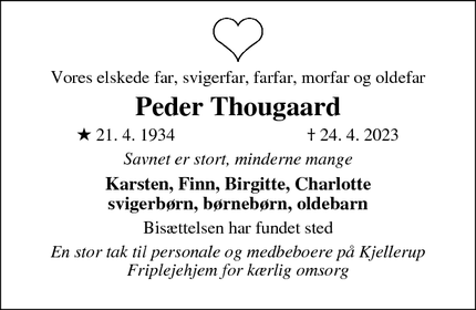 Dødsannoncen for Peder Thougaard - Kjellerup