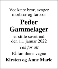 Dødsannoncen for Peder
Gammelager - Søndervig, 6950 Ringkøbing
