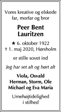 Dødsannoncen for Peer Bent Lauritzen - Hørsholm